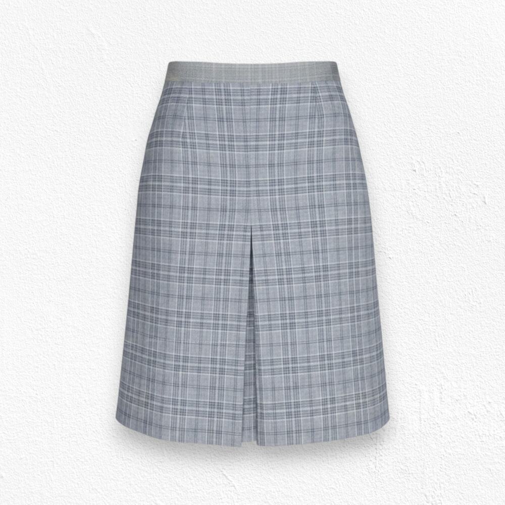 1970s Vintage Gray Navy Checkered Plaid Front Pleat Classic Midi Skirt Size 6